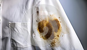 A white dress shirt with golden buttons is stained with dark brown powder and liquid