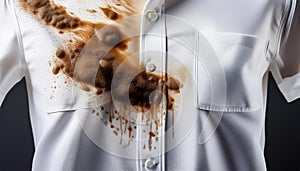 A white dress shirt with golden buttons is stained with dark brown powder and liquid