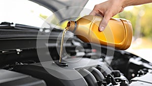 Draining engine oil from the bottle into the car engine, closing