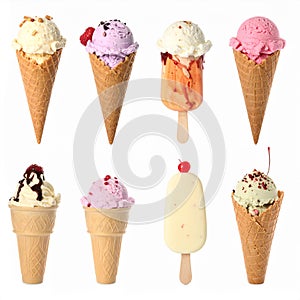 Set of different tasty ice creams on white background