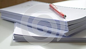 Stack of Worksheets with Red Pen Placed Diagonally under Natural Side Light