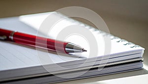 Stack of Worksheets with Red Pen Placed Diagonally under Natural Side Light
