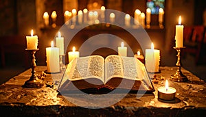 Ancient Holy Bible resting open on a stone altar, surrounded by glowing candles in brass holders