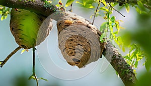 A large, rounded hornet's nest hangs from a tree branch