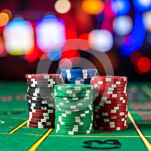 Casino chips on a roulette table against blurry lights.