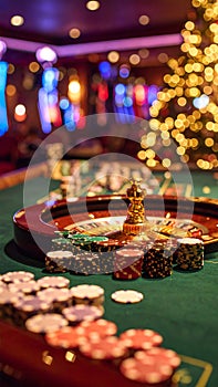 Casino chips on a roulette table against blurry lights.