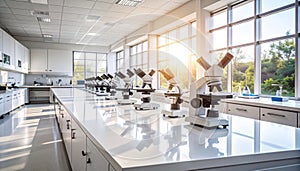 Empty Science Lab Classroom with Microscopes Lined Up on White Countertops