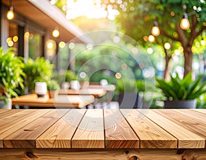 Empty wooden table in the restaurant, design space