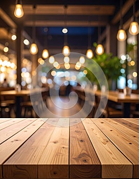 Empty wooden table in the restaurant, design space