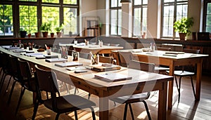 Natural Wood Communal Table with Scattered Stationery