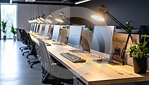 Row of Empty Hot Desks with Desk Lamps and Power Outlets
