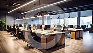 Row of Empty Hot Desks with Desk Lamps and Power Outlets