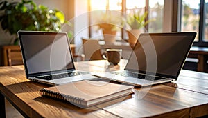 Minimal Work Setup on Wooden Table with Laptop and Notebook