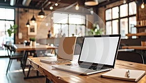 Minimal Work Setup on Wooden Table with Laptop and Notebook