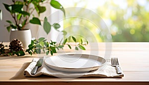 Bare Dining Table with Single Ceramic Plate and Linen Napkin