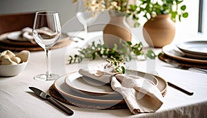 Bare Dining Table with Single Ceramic Plate and Linen Napkin