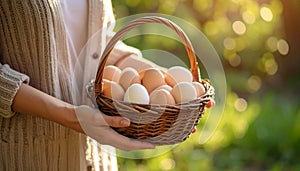 Woman with a basket of raw eggs with blurred background, closed