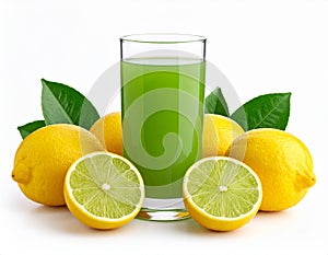 Fresh juicy lemons and a green drink on a white background.