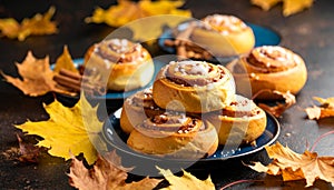 Freshly baked cinnamon rolls stacked on ceramic plates with autumn leaves