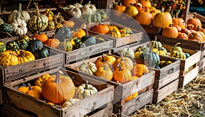 Assorted decorative gourds in wooden crates with scattered hay