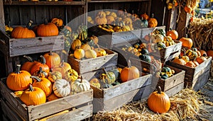Assorted decorative gourds in wooden crates with scattered hay