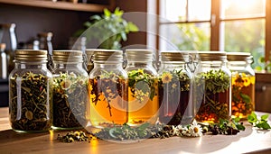 Chamomile and mint herbs displayed on rustic table for autumn tea