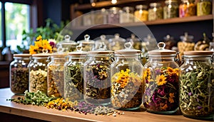 Chamomile and mint herbs displayed on rustic table for autumn tea