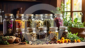 Chamomile and mint herbs displayed on rustic table for autumn tea