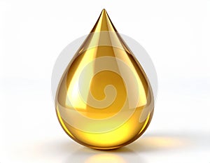 Drop of golden oily liquid on white background.