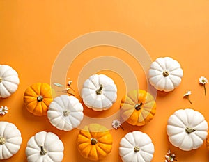Flat lay composition with different ripe pumpkins on orange background