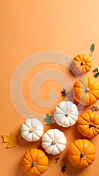 Flat lay composition with different ripe pumpkins on orange background