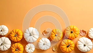 Flat lay composition with different ripe pumpkins on orange background