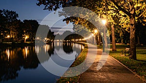 Quiet lakeside path with streetlight reflections