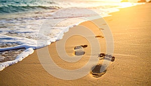 Footprints in sand with approaching waves at sunset