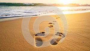 Footprints in sand with approaching waves at sunset
