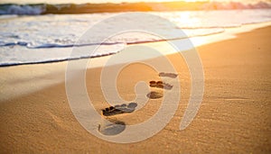 Footprints in sand with approaching waves at sunset