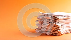 Neatly arranged pile of receipts on matte pastel orange gradient background