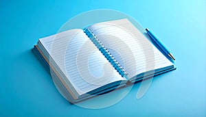 Open notebook with pen and simple accounting on pastel blue gradient background