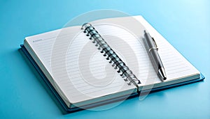 Open notebook with pen and simple accounting on pastel blue gradient background