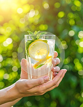 Close-up of hands holding a glass of infused water with lemon and mint