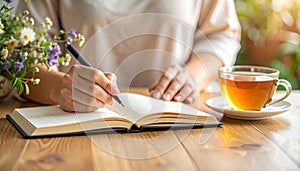 Hands journaling in open notebook with herbal tea, warm neutral tones