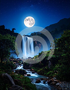 Night waterfall illuminated by moonlight