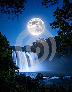 Night waterfall illuminated by moonlight