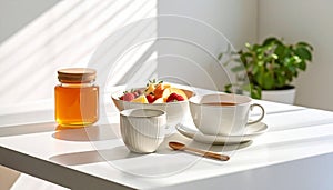 Morning sunlight casting soft shadows over fruit, honey, and ceramic mug