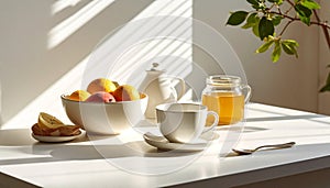 Morning sunlight casting soft shadows over fruit, honey, and ceramic mug