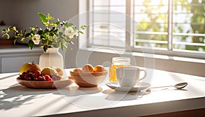 Morning sunlight casting soft shadows over fruit, honey, and ceramic mug