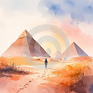 Watercolor illustration of Egyptian pyramids in desert landscape with traveler walking at sunrise