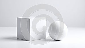 Round ball and square cube placed side by side on white surface