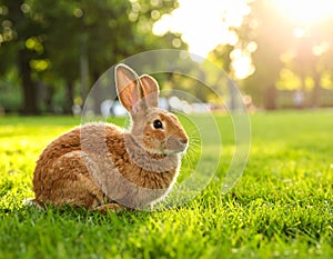 Cute fluffy rabbit on green grass outdoors. Space for text