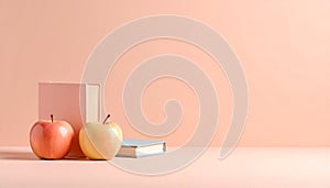 Miniature Apple and Tiny Textbook on Soft Peach Background